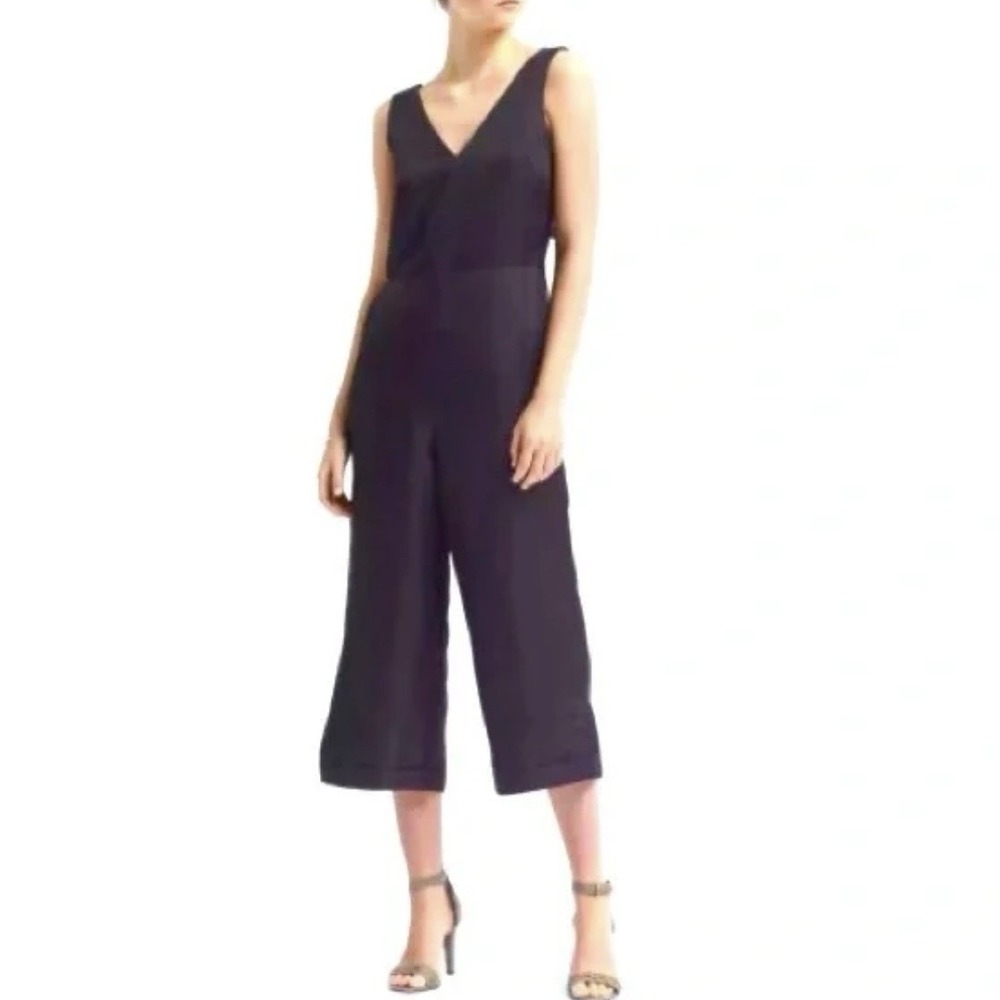 Banana Republic Navy Blue V-Neck Wide Leg Cropped Jumpsuit 2 Minimalist Chic